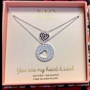 FAO Schwarz Fine Silver Dark Red Heart Pendant Necklace Set NIB